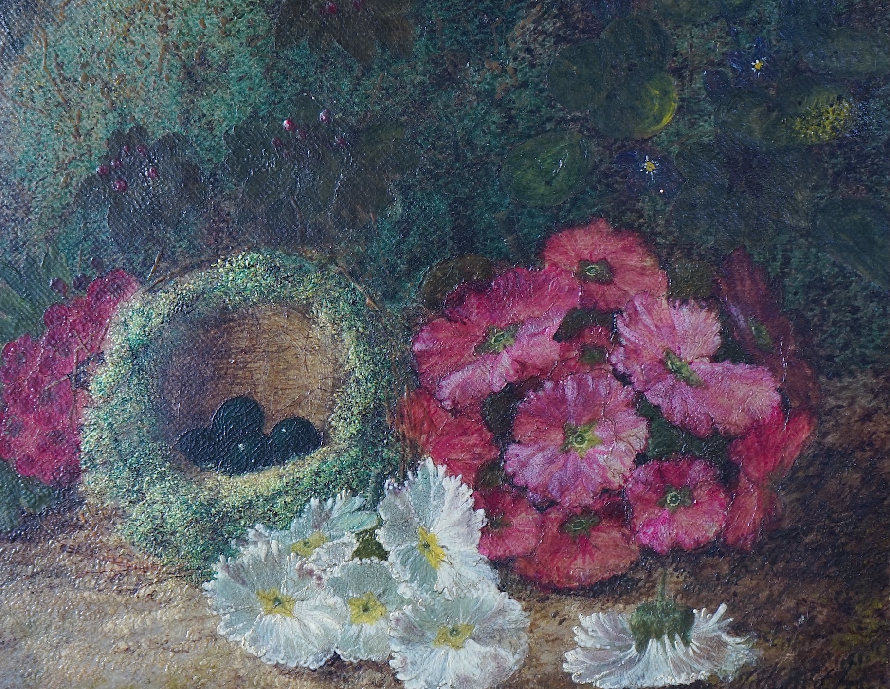 Oliver Clare (English, 1853-1927), Still life with bird’s nest and blossoms, oil on canvas, 20 x 25cm